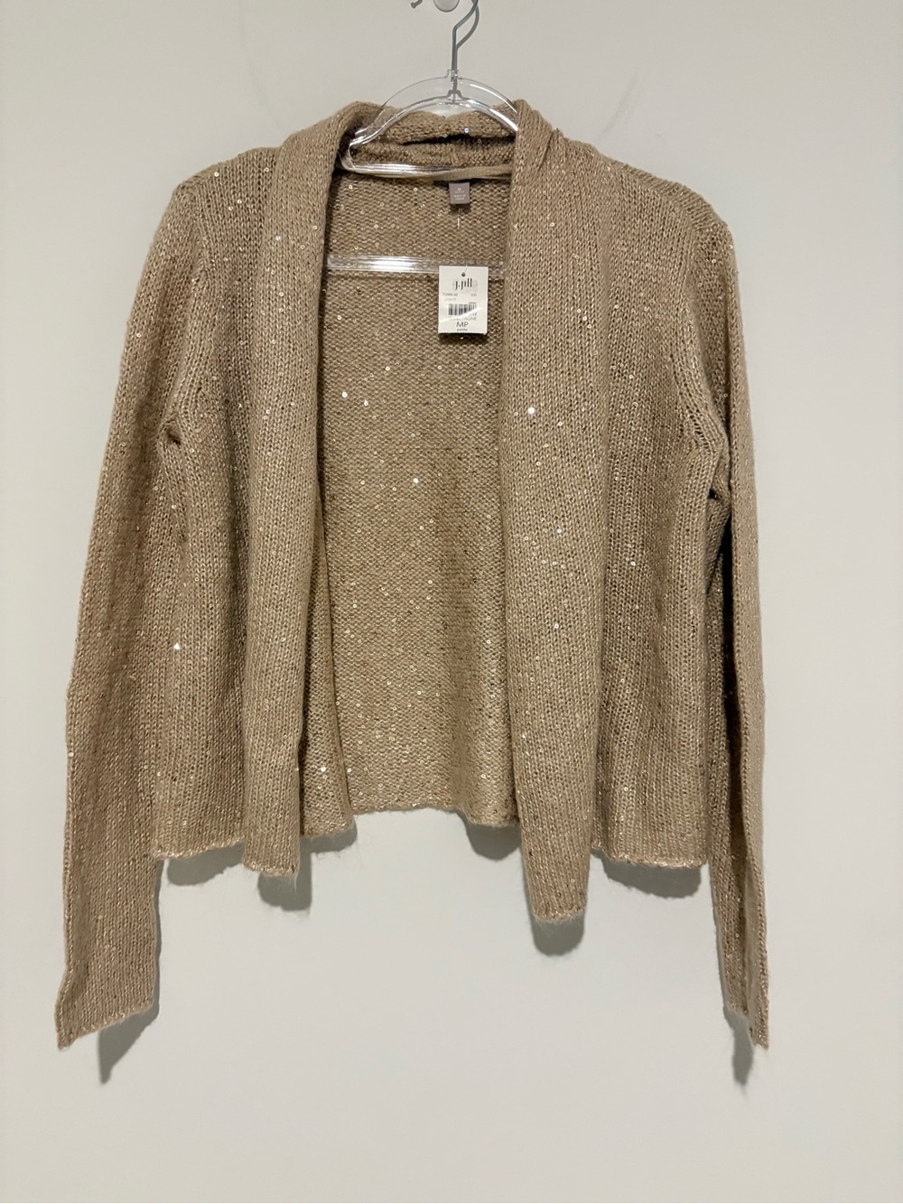 J Jill mohair Sequin metallic open front Cardigan tan beige size medium petite